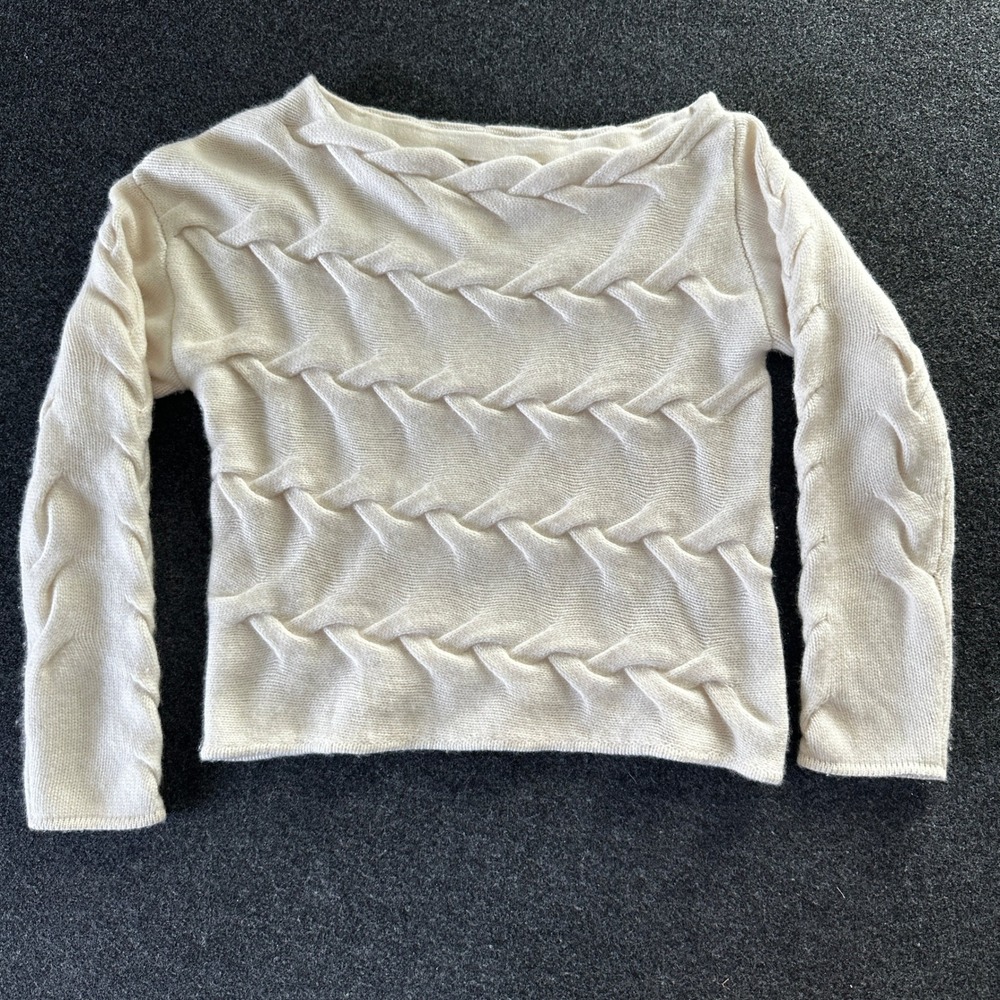 NAADAM 100% Cashmere Braid Cable Knit Sweater Cream Ivory Boat Neck Womens
